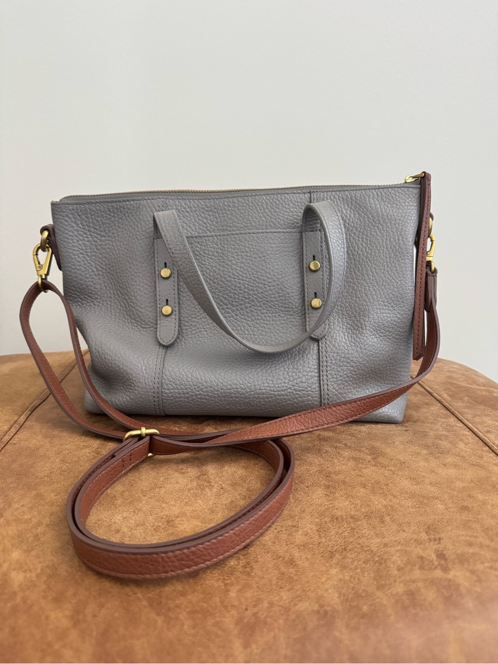 Fossil Gray Leather Tote Crossbody Bag